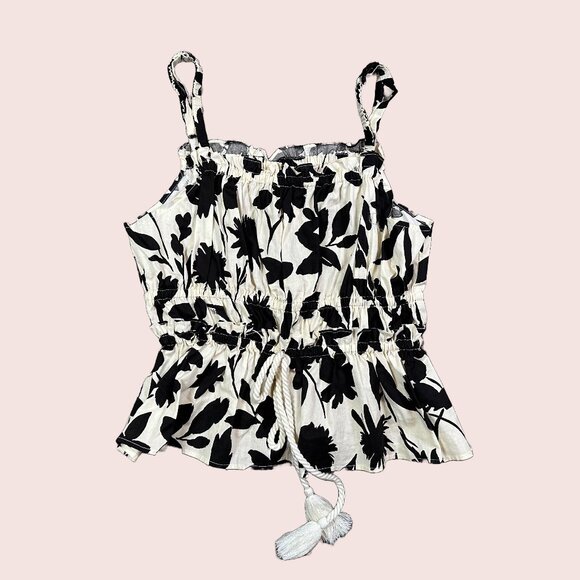 MOON RIVER Women's Floral Print Ruffle Tassel Shirred Tiered Top Black & White M - Picture 1 of 4